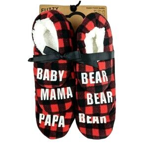 Red Plaid Mama Papa & Baby Bear Family Fuzzy Babba Slipper Socks 3-pc NWT